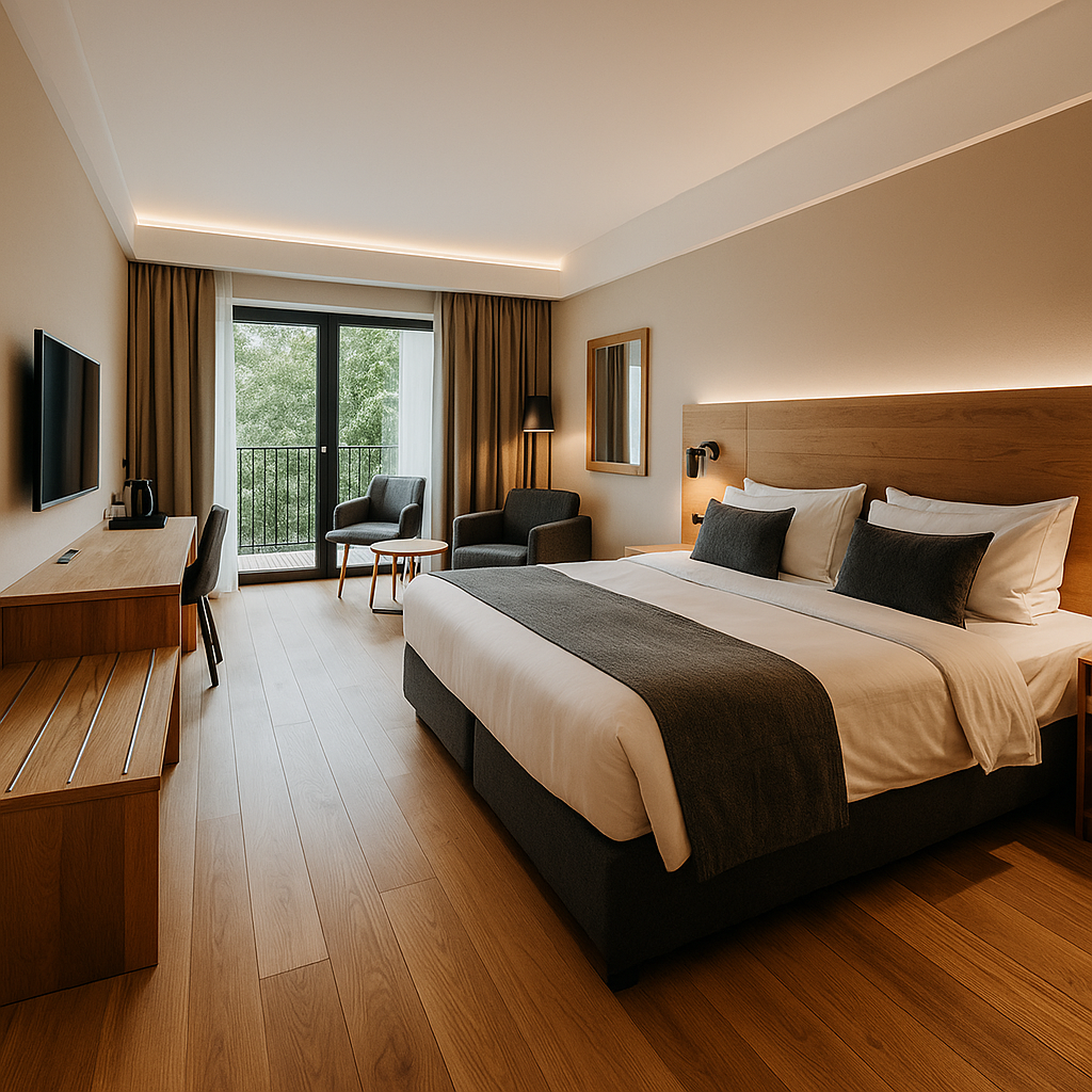Habitación Sierra con ventanal y zona de trabajo